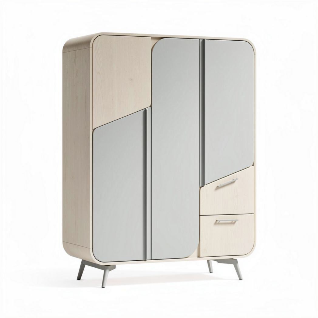 Kleiderschrank aus Holz in beige und grau mit zwei Türen und zwei Schubladen 150 x 100 x 200cm
