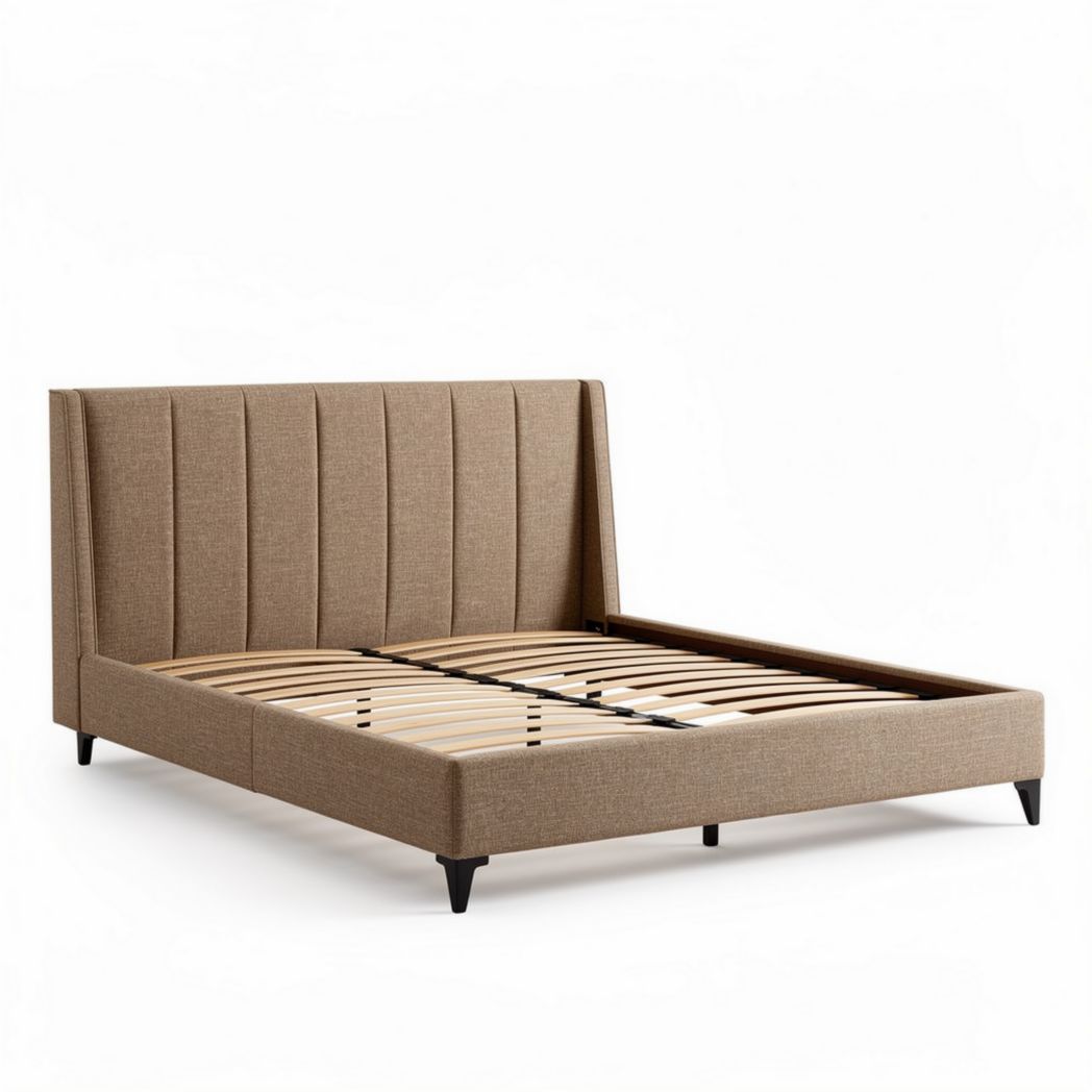 Bettrahmen in beige mit gepolstertem Kopfteil aus Holz 200 x 160 x 100cm