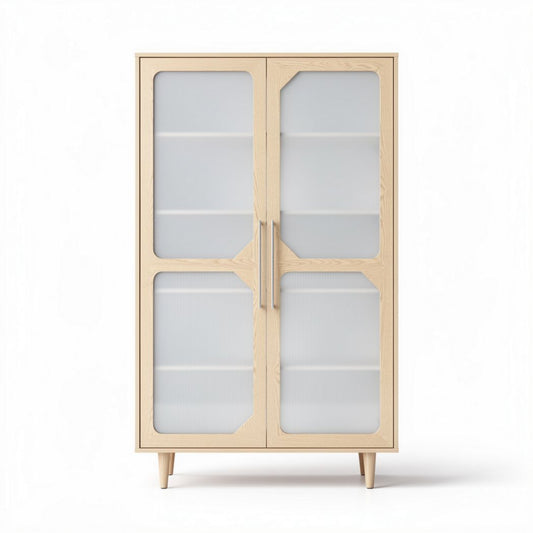 Glasvitrine aus hellem Holz mit vier Regalböden und abmessungen 80 x 40 x 180 cm