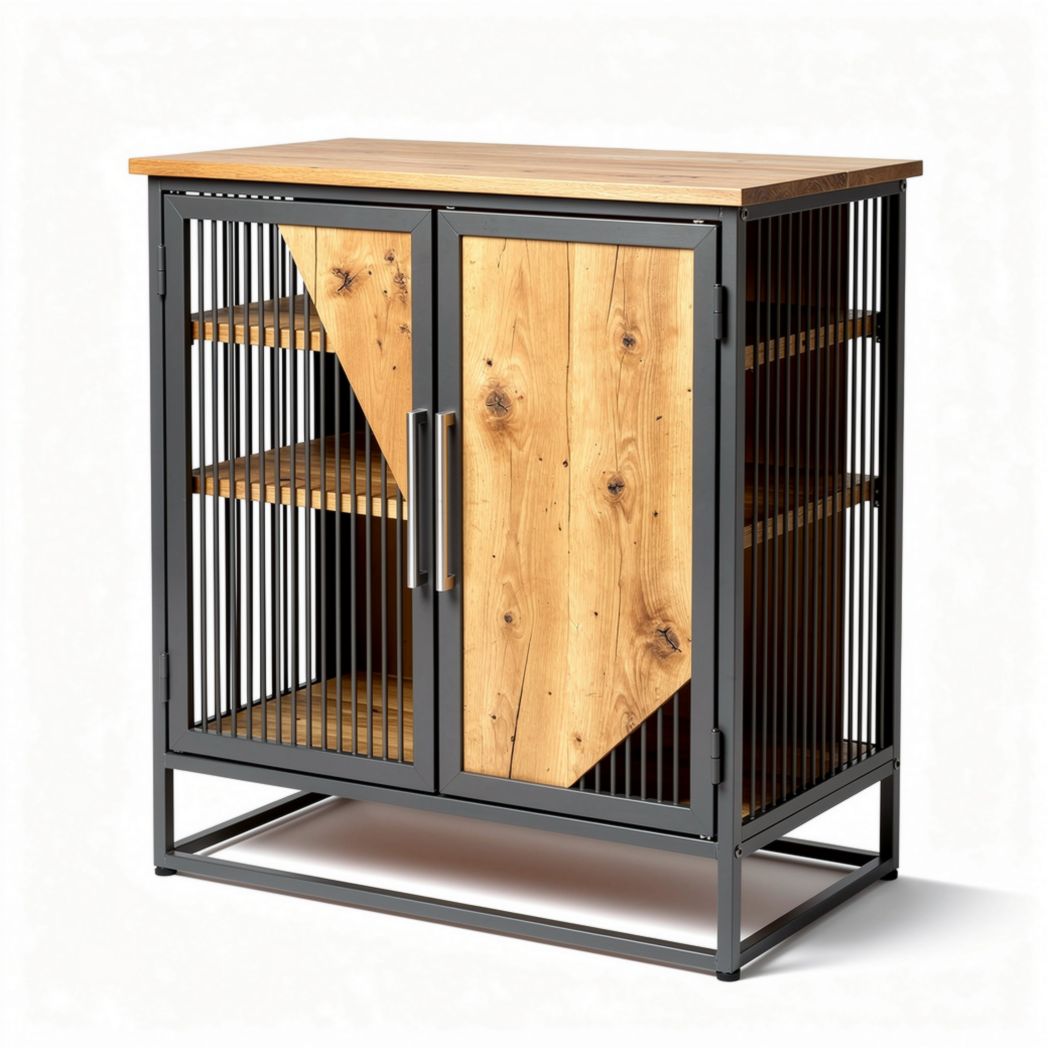 Schrank aus massivem holz mit metallgestell und regalen 80 x 40 x 90cm