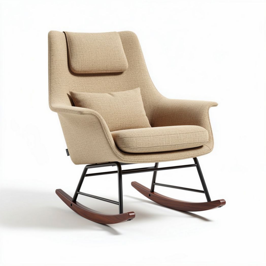 Schaukelstuhl aus beige gewebtem Stoff mit Kissen und Metallgestell 80 x 70 x 90cm
