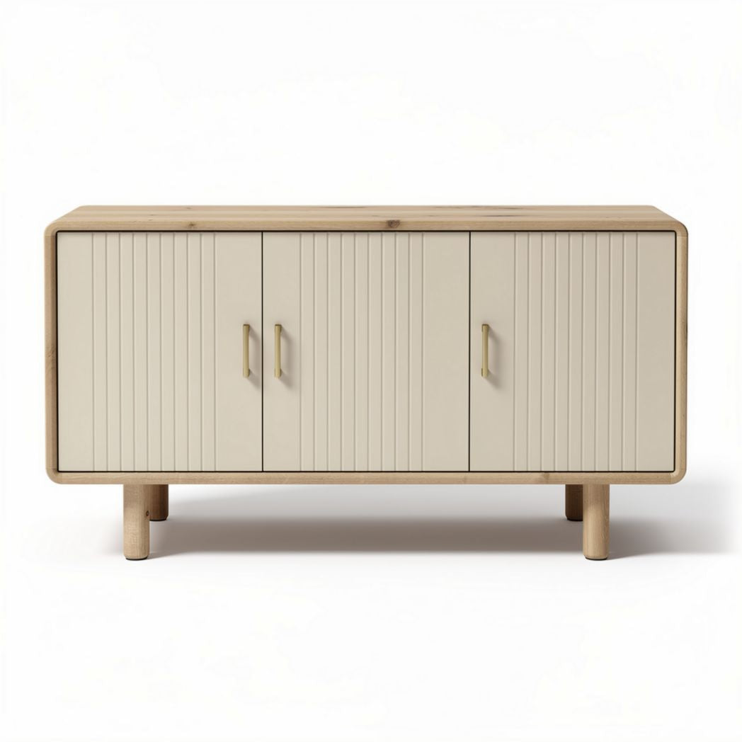 Sideboard aus Holz mit drei Türen und modernen Griffen in beige 90 x 40 x 60cm